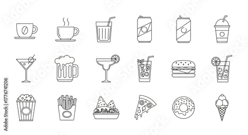 Line Art Food and Drink Icons: Coffee Cocktails Burger and More.