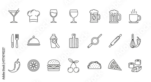 Collection of Food and Drink Line Art Icons.