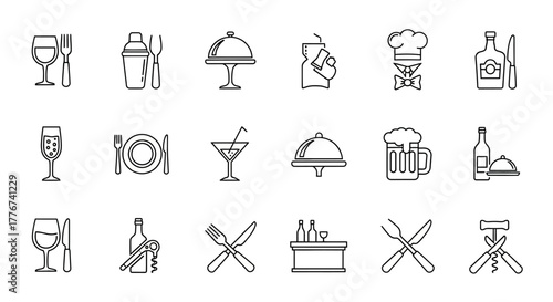 Restaurant and Bar Line Icons: Food Service and Dining Elements.