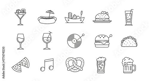 Line Art Icons of Food Drinks and Music: Martini Hotdog Burger Pizza Beer Taco Wine and Vinyl Record.