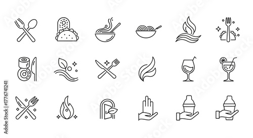 Collection of Line Art Food and Drink Icons: Culinary and Beverage Symbols.