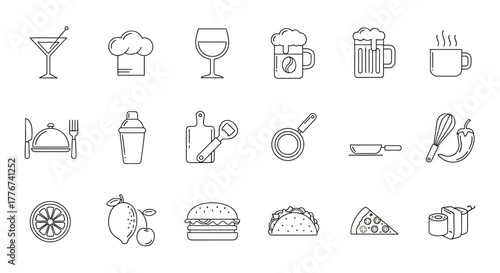 Food and Drink Line Art Icons: Culinary and Beverage Collection.
