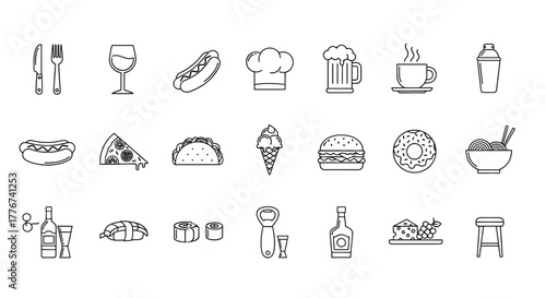 Collection of Food and Drink Line Icons: Culinary and Beverage Elements.