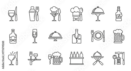 Restaurant and Bar Line Icon Set: Dining Drinks and Service Elements.