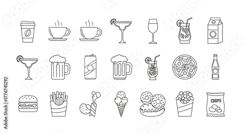 Line Art Food and Drink Icons: Coffee Cocktails Pizza Burger and More.