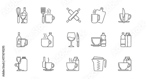 Kitchenware and Drinkware Outline Icons: Utensils Cups Bottles and More.