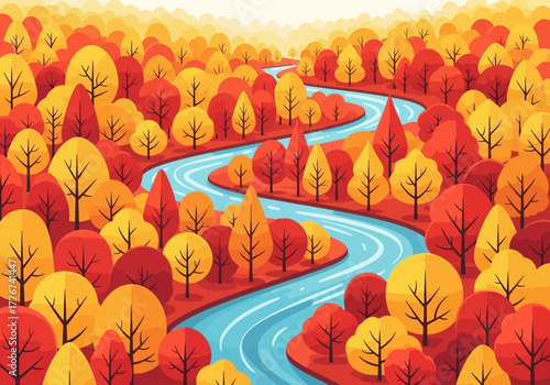 A winding blue river flows through a dense forest of red and yellow autumn trees