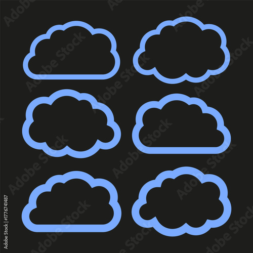 Cloud line outline set. Weather symbol Vector element. Sky shape collection. Blue stroke design.