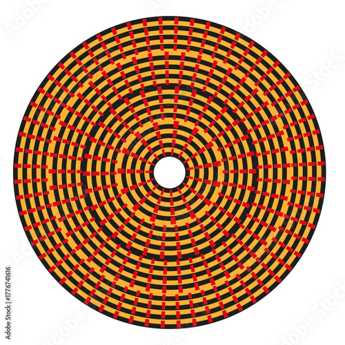 Concentric circle element. Vibrant orange spiral. Abstract rotation Vector. Optical illusion graphic.