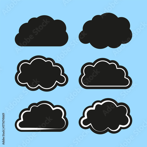 Cloud shape black silhouette. Weather element Vector symbol. Sky overcast design. Light blue background.