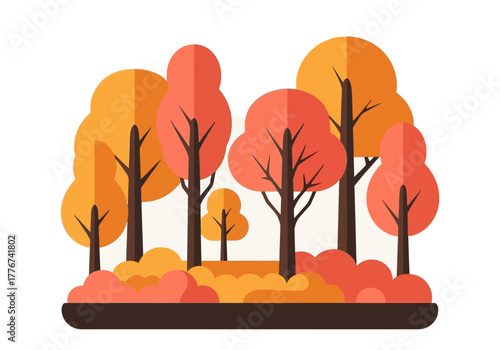 Flat illustration of an autumn forest with orange and red foliage on a white background