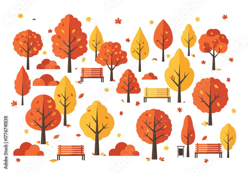 Flat style autumn park scene with orange and yellow trees benches and falling leaves