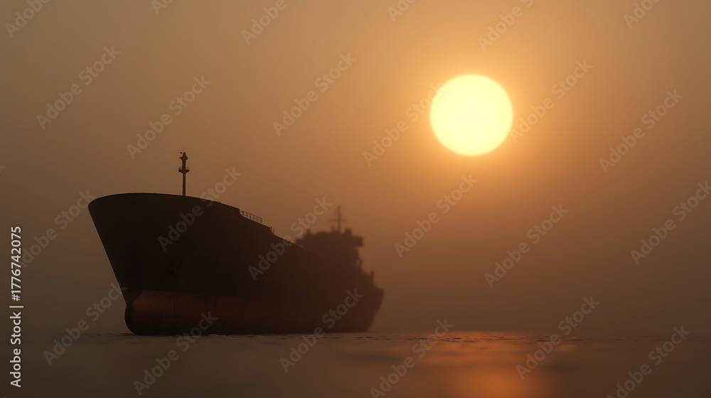 Obraz premium Silhouette of a ship on the horizon during a serene sunset. The warm light casts a golden glow over the scene, highlighting the ocean's gentle waves.