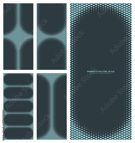 Assorted vector rhombus grid cyan black halftone pattern set in vertical 9:20 aspect ratio including rounded frame and various unique borders. Different half tone mod conceptual design element bundle