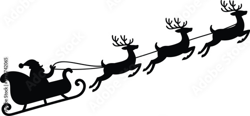 Silhouette of santa claus riding in his sleigh pulled by a team of reindeer across a white background