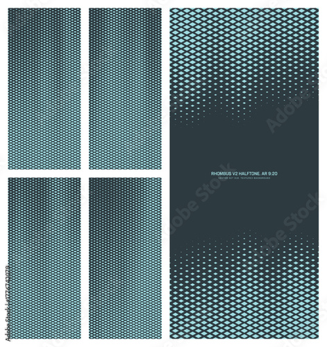 Assorted vector rhombus grid cyan black halftone pattern set in vertical 9:20 aspect ratio including faded border and various flowing textures. Varied half tone graphic design elements collection