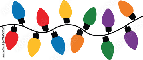 A string of colorful festive christmas lights in red blue yellow green and orange bulbs on a black wire
