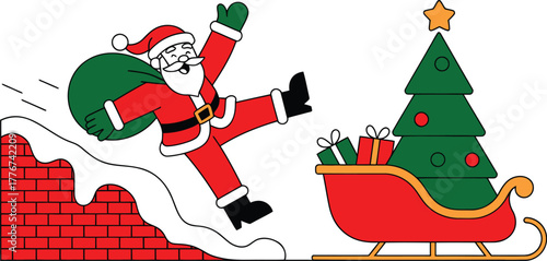 Santa claus sliding down a chimney with a sack of presents and a christmas tree in a sleigh nearby