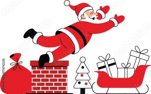 Santa claus sliding down a chimney with a sack of presents and his sleigh full of gifts