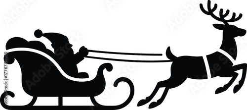 Silhouette of santa claus riding in his sleigh pulled by a reindeer on a white background