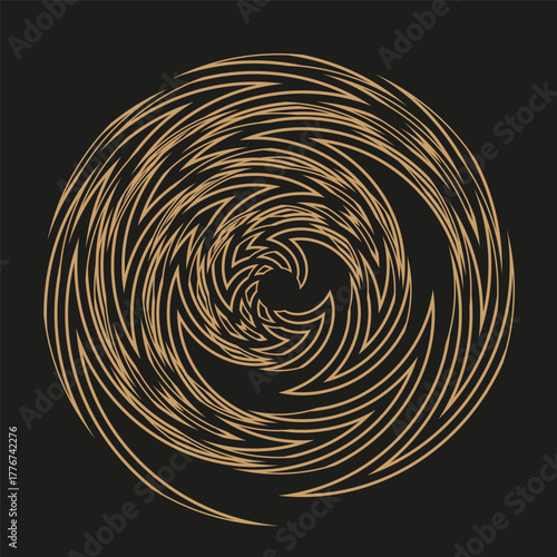 Abstract gold vortex. Dynamic spiral motion. Dark swirl Vector graphic. Luxury cosmic background.