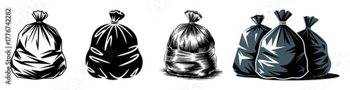garbage bag icon set in engraving and silhouette, vector illustrations for waste management and sanitation