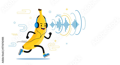 A Cheerful Banana Character Running While Listening Music With Sound Waves