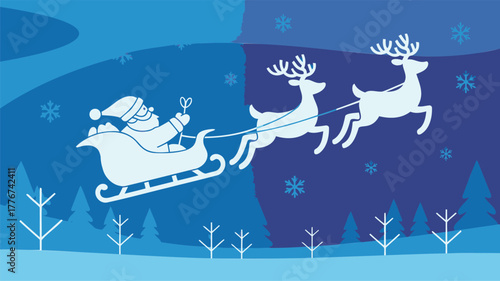 Whimsical illustration of santa claus in his sleigh pulled by reindeer against a vibrant blue winter night sky