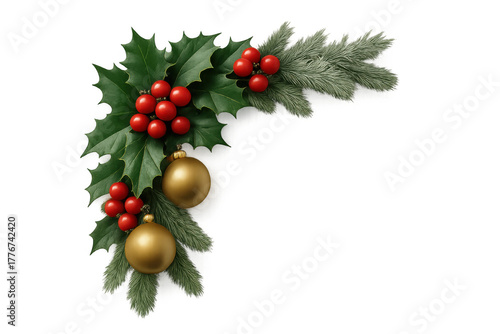 Christmas corner decoration featuring holly, berries, golden ornaments, and fir branches on a transparent background