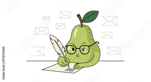 A Funny And Stylish Pear Character Writes Letters With A Feather Pen In A Unique Design
