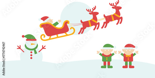 Whimsical christmas scene with santa claus in his sleigh pulled by reindeer and a friendly snowman and elves
