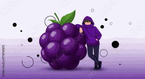A Person Leaning Against A Gigantic Grapes With Simple Purple Geometric Design