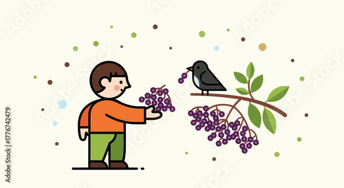 A Person Offers Berries To A Bird In A Botanical And Playful Illustration