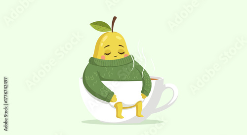 A Relaxing Pear Enjoys Warmth Within a Cupping Beverage Concept Illustration