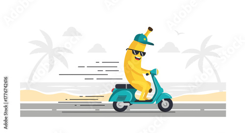Banana Joyride: A Happy Fruit on a Scooter Cruises Along the Seaside Road