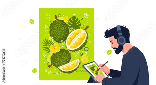 Digitally Crafted Durian Illustration Depicting Modern Artist Working on a Tablet