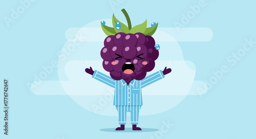 Cartoon Blackberry Character Awaking or Feeling Sleepy in Pajamas with Blue Pajamas