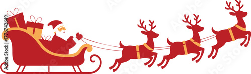 Santa claus riding in his red sleigh pulled by reindeer delivering presents on christmas eve