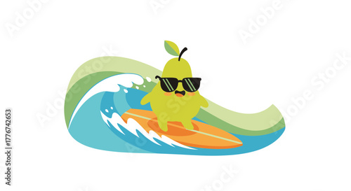 Cartoon Pear With Sunglasses Enjoying A Surfing Adventure At The Beach