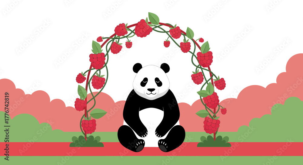 Obraz premium Cute Panda Sitting Under A Beautiful Arch Adorned With Luscious Red Raspberries