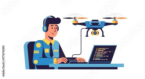 Drone Operator Working On Laptop Technology And Communication In A Modern Office