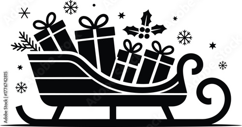 Silhouette of a christmas sleigh overflowing with wrapped gifts and festive decorations under falling snowflakes
