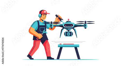Drone Technician: Illustrated Depiction of Repairing or Maintaining a Professional Drone