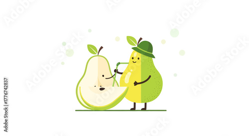 Cute Pear Cartoon Characters Enjoying A Refreshing Juice Drink On White Background
