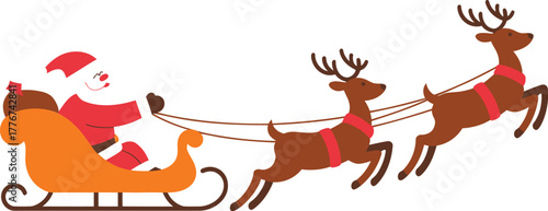 Whimsical illustration of santa claus in his sleigh pulled by two festive reindeer against a white background