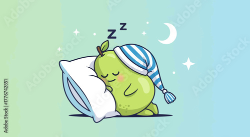 Cute Pear Is Sleeping Peacefully On A Pillow With Stars And Crescent Moon