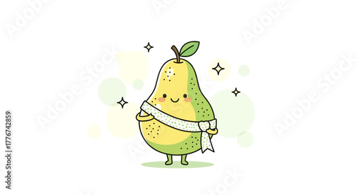 Cute Pear Wearing Ribbon and Ready To Celebrate, Cartoon Illustration for Design