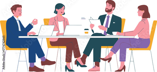 Diverse group of professionals in business attire collaborating and discussing ideas around a modern conference table