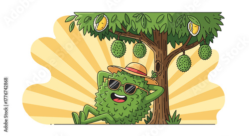 Durian Character Relaxing Under The Tree, Enjoying The Sunshine, Graphic Illustration