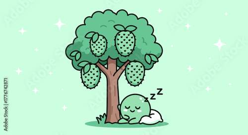 Cute Sleepy Creature Napping Under The Unique Fruited Tree in Serene Setting